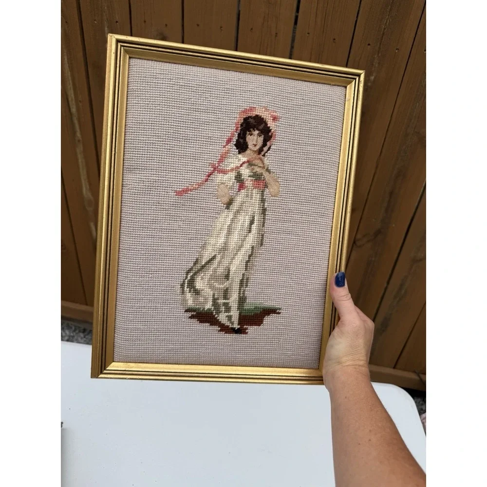VTG Needlepoint Framed Pink Girl 11